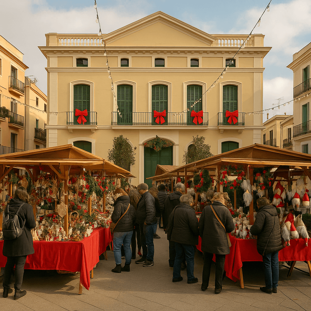 Puestos de un mercado navideño al aire libre en el Garraf, con decoración festiva y artesanía.