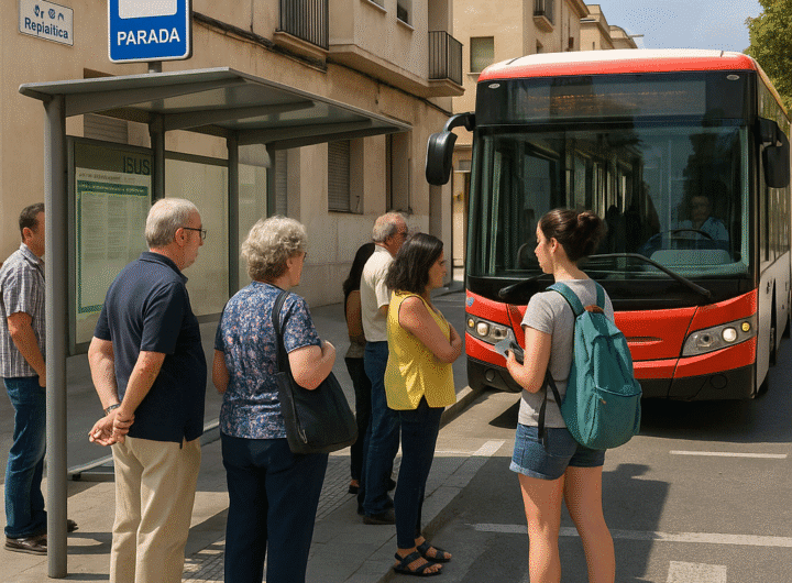 “Parada de autobús en Vilanova i la Geltrú con usuarios esperando”.