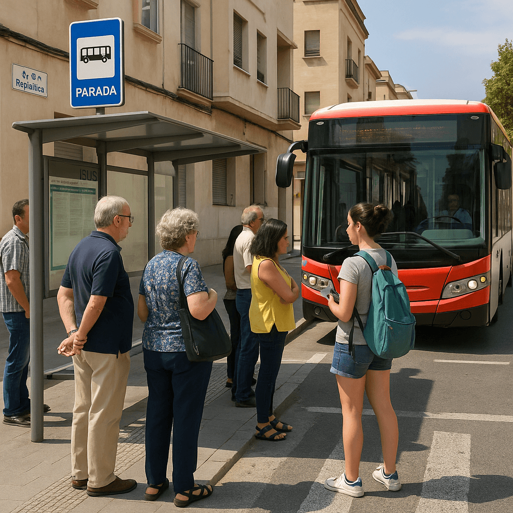 “Parada de autobús en Vilanova i la Geltrú con usuarios esperando”.