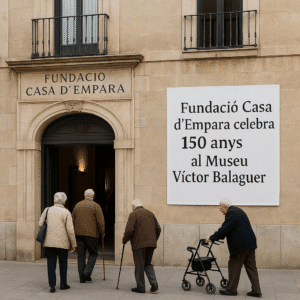 Varios abuelos y abuelas entrando en la Fundació Casa d’Empara de Vilanova i la Geltrú durante su 150 aniversario.