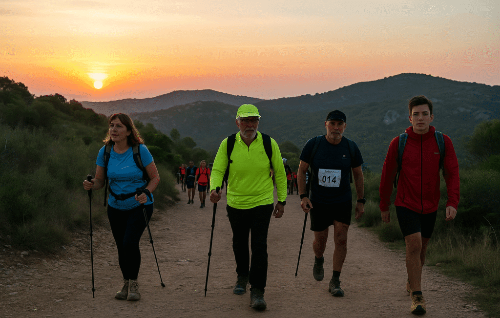 Participantes al amanecer durante la salida de la 30ª Marxa del Garraf en el Parque Natural del Garraf