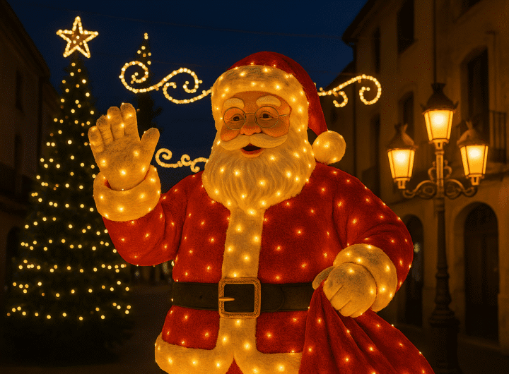 Papá Noel saluda a las familias en una plaza del Garraf rodeado de luces de Navidad y ambiente festivo.
