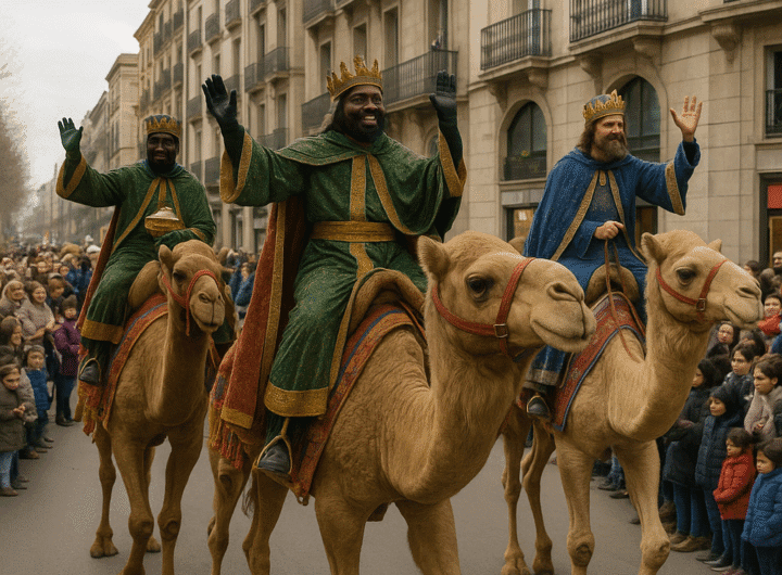 Los Reyes Magos desfilan montados en camellos por una avenida iluminada durante la cabalgata de Navidad en el Garraf.
