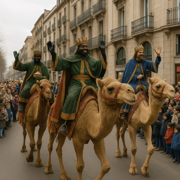 Los Reyes Magos desfilan montados en camellos por una avenida iluminada durante la cabalgata de Navidad en el Garraf.