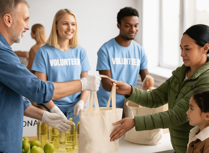 Voluntarios distribuyen bolsas de alimentos básicos en un centro social del Garraf durante una campaña de ayuda a familias vulnerables.