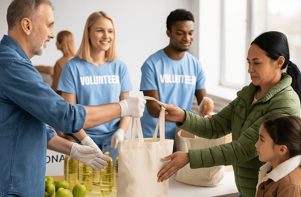 Voluntarios distribuyen bolsas de alimentos básicos en un centro social del Garraf durante una campaña de ayuda a familias vulnerables.