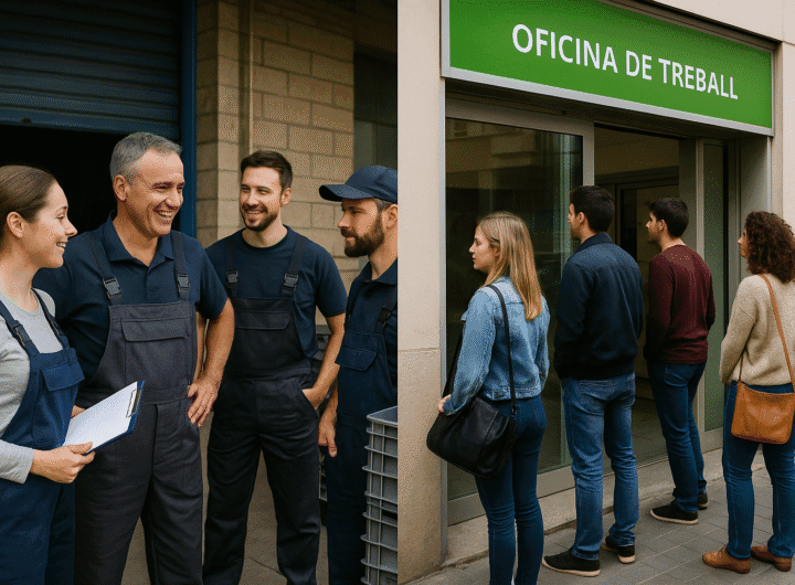 Jóvenes frente a una oficina de empleo junto a trabajadores en un entorno industrial, representando el crecimiento laboral en el Garraf en 2025.