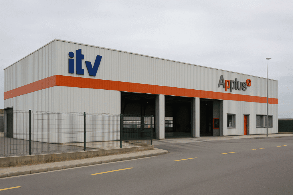 Edificio de la estación ITV en Vilanova i la Geltrú visto desde el exterior, con los accesos de inspección abiertos.