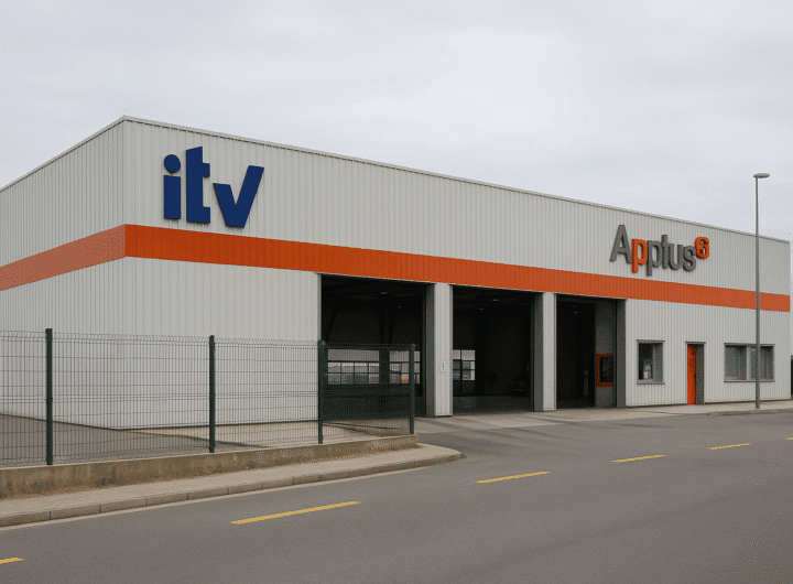 Edificio de la estación ITV en Vilanova i la Geltrú visto desde el exterior, con los accesos de inspección abiertos.