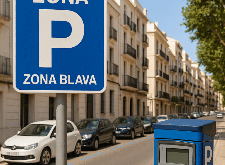 Señal y parquímetro de zona azul en una calle del centro de Sitges con coches aparcados.