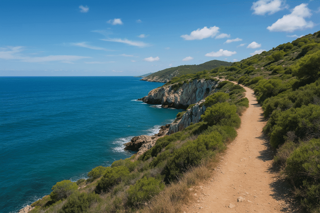 Sendero junto a los acantilados del Garraf con vistas al mar Mediterráneo.