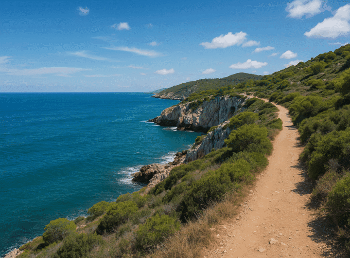 Sendero junto a los acantilados del Garraf con vistas al mar Mediterráneo.