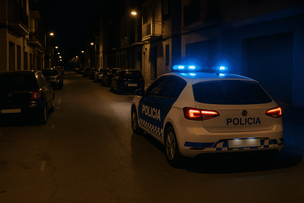 Coche de la policía patrullando de noche por una calle iluminada de Vilanova i la Geltrú.