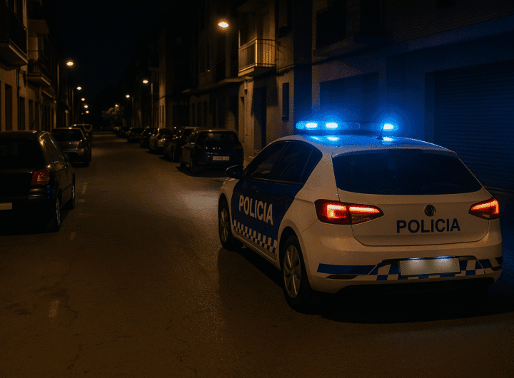 Coche de la policía patrullando de noche por una calle iluminada de Vilanova i la Geltrú.