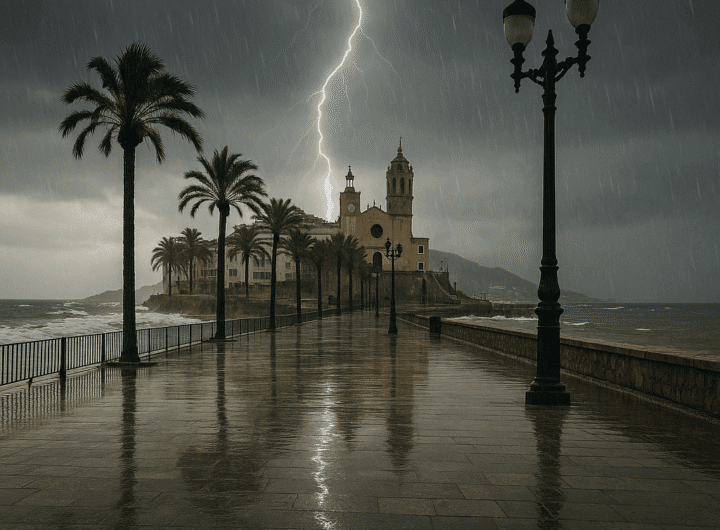 Calle del Garraf al anochecer con lluvia intensa y reflejos de las farolas sobre el pavimento mojado durante la alerta por precipitaciones torrenciales.