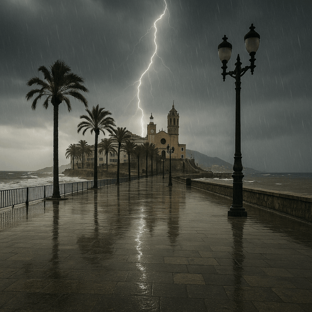 Calle del Garraf al anochecer con lluvia intensa y reflejos de las farolas sobre el pavimento mojado durante la alerta por precipitaciones torrenciales.