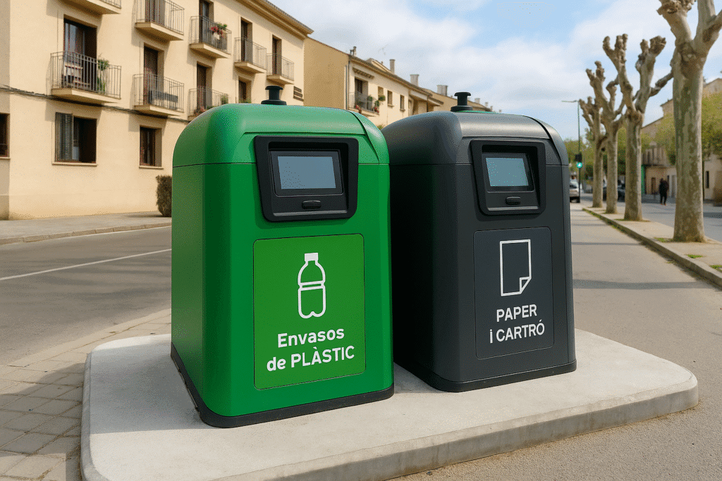 Vecinos de Sant Pere de Ribes utilizan los nuevos contenedores inteligentes de reciclaje instalados por el Ayuntamiento dentro del programa de sostenibilidad del Garraf.