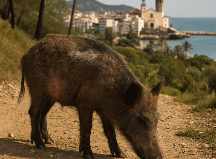 Jabalí afectado por sarna sarcóptica deambula por el Parc Natural del Garraf durante la campaña de control de Sitges.