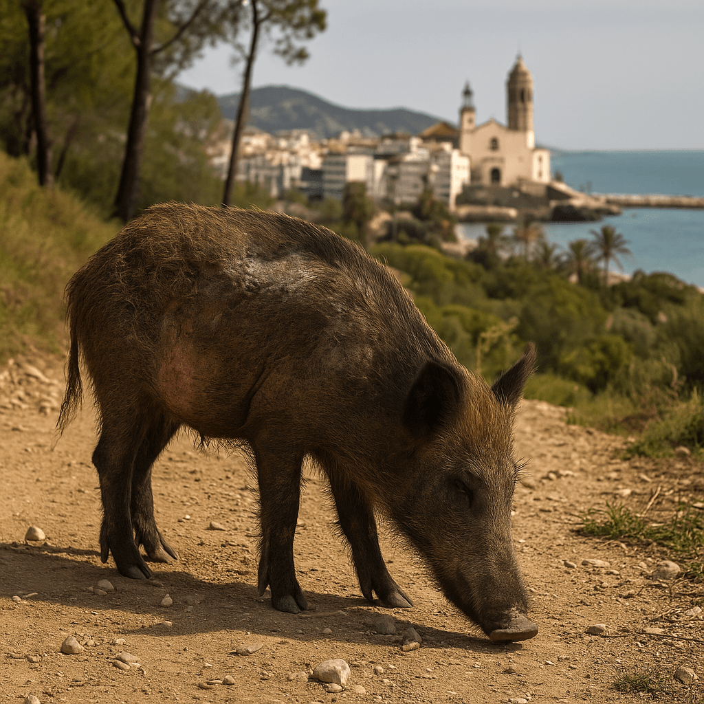 Jabalí afectado por sarna sarcóptica deambula por el Parc Natural del Garraf durante la campaña de control de Sitges.