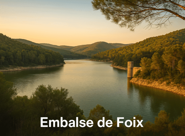 Vista aérea del pantano del Foix en Cubelles, rodeado de vegetación mediterránea y colinas del Garraf, durante el atardecer.