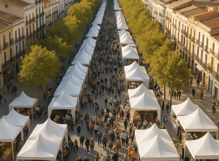 Vista aérea o panorámica del recinto ferial en la Rambla Principal con público.