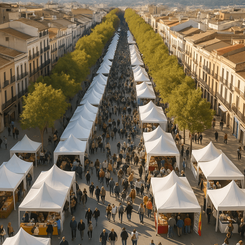 Vista aérea o panorámica del recinto ferial en la Rambla Principal con público.