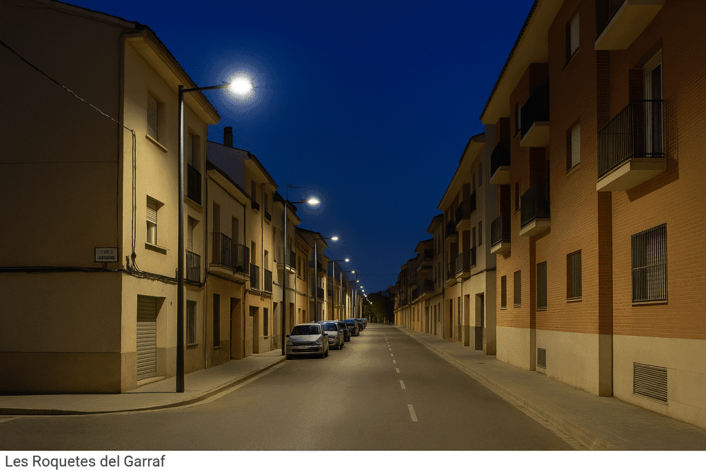 Vista panorámica de Les Roquetes del Garraf, calle en obras con señalización y maquinaria ligera; o bien detalle del nuevo