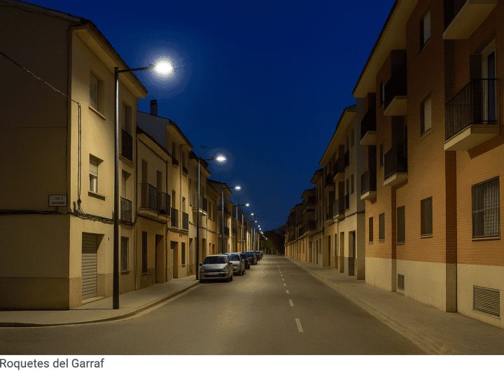 Vista panorámica de Les Roquetes del Garraf, calle en obras con señalización y maquinaria ligera; o bien detalle del nuevo
