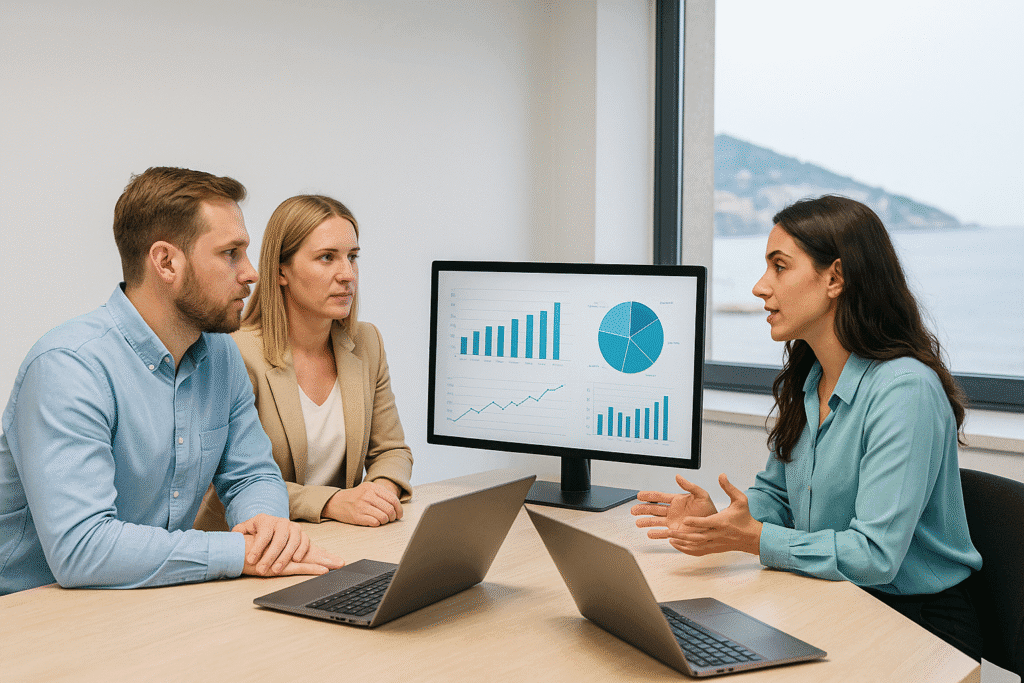 Tres profesionales en una oficina moderna del Garraf revisando gráficos de crecimiento y ayudas económicas para pymes con vista al mar mediterráneo.