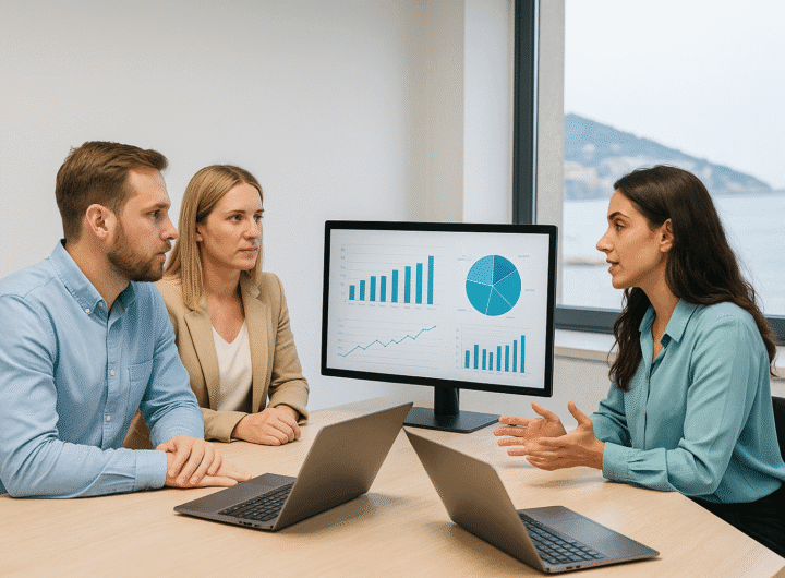 Tres profesionales en una oficina moderna del Garraf revisando gráficos de crecimiento y ayudas económicas para pymes con vista al mar mediterráneo.