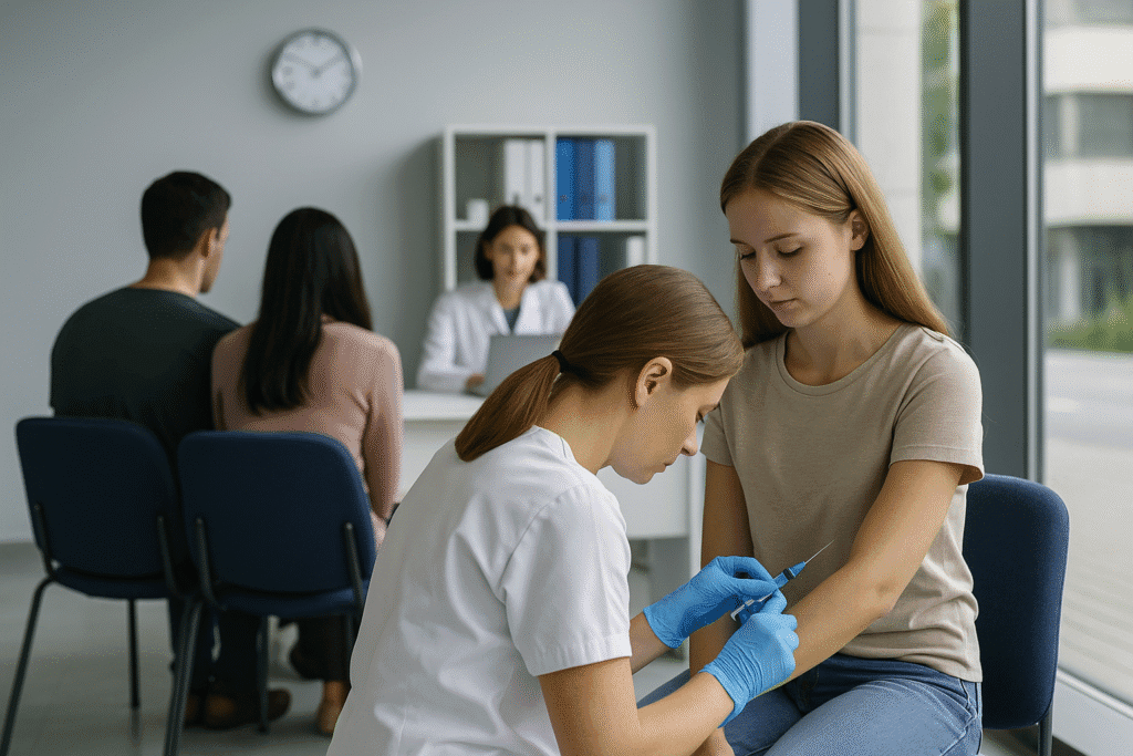 Una enfermera vacuna a una joven en un centro de salud del Garraf durante la campaña de prevención ante el brote de sarampión detectado en la comarca