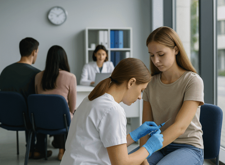 Una enfermera vacuna a una joven en un centro de salud del Garraf durante la campaña de prevención ante el brote de sarampión detectado en la comarca