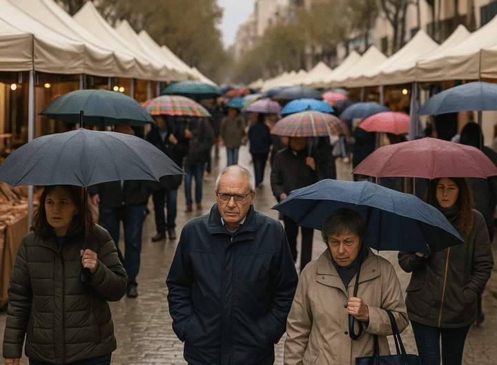 Visitantes con paraguas recorren los pabellones de la Fira de Novembre de Vilanova i la Geltrú durante una jornada lluviosa en el Garraf.