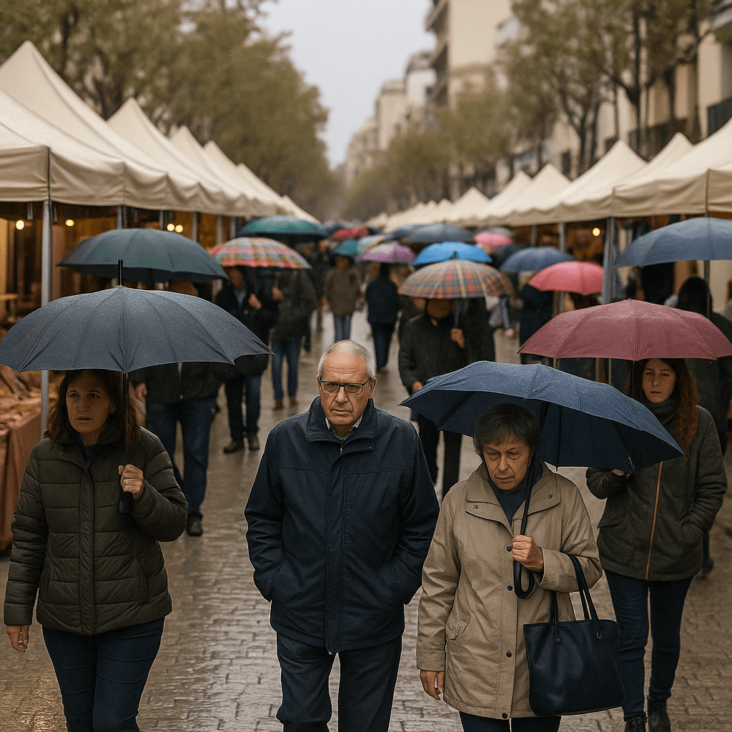 Visitantes con paraguas recorren los pabellones de la Fira de Novembre de Vilanova i la Geltrú durante una jornada lluviosa en el Garraf.