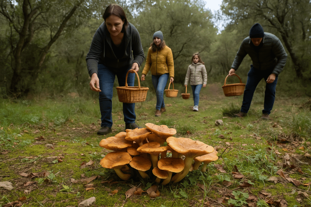 Grupo de excursionistas en el bosque del Garraf con cestas recorriendo una zona de encinares tras las primeras lluvias del otoño.