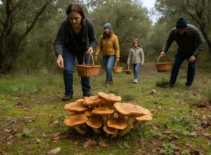 Grupo de excursionistas en el bosque del Garraf con cestas recorriendo una zona de encinares tras las primeras lluvias del otoño.