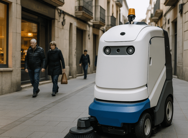 Robot autónomo de limpieza urbana circulando por una calle peatonal de Vilanova i la Geltrú durante el proyecto piloto de limpieza inteligente en el Garraf.