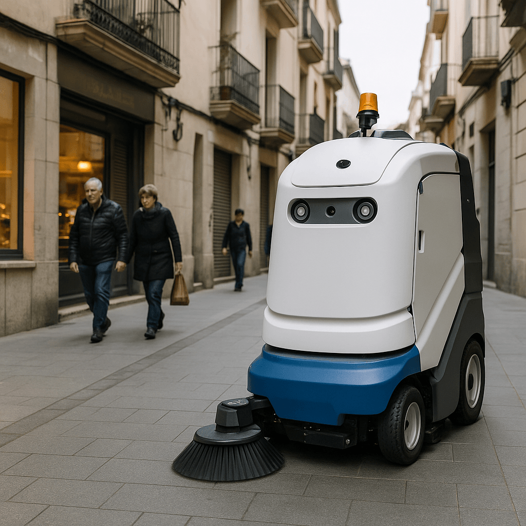 Robot autónomo de limpieza urbana circulando por una calle peatonal de Vilanova i la Geltrú durante el proyecto piloto de limpieza inteligente en el Garraf.