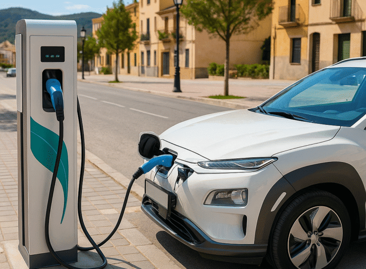 Un coche eléctrico conectado a un punto de carga rápida instalado en la comarca del Garraf, dentro del nuevo plan de movilidad eléctrica comarcal 2025.