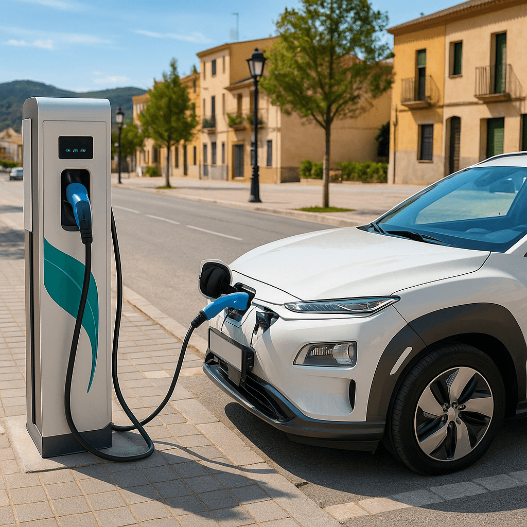 Un coche eléctrico conectado a un punto de carga rápida instalado en la comarca del Garraf, dentro del nuevo plan de movilidad eléctrica comarcal 2025.