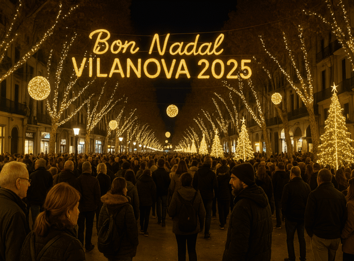Comerciantes y vecinos paseando por una calle comercial iluminada durante la campaña de Navidad en Vilanova i la Geltrú.