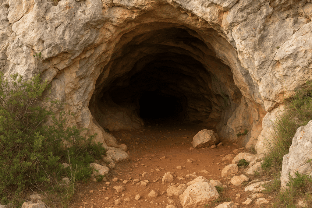 Entrada natural a una cueva del macizo del Garraf, con roca caliza y un corredor oscuro que se adentra en el interior.