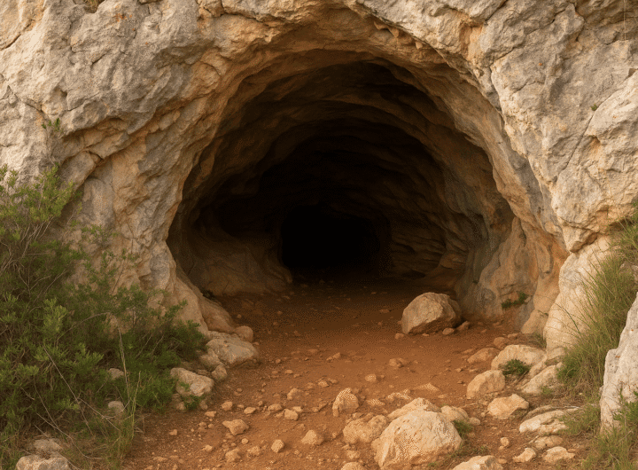 Entrada natural a una cueva del macizo del Garraf, con roca caliza y un corredor oscuro que se adentra en el interior.