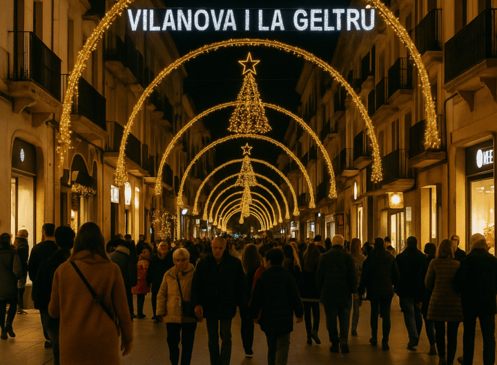 Puestos de un mercado navideño al aire libre en el Garraf, con decoración festiva y artesanía.