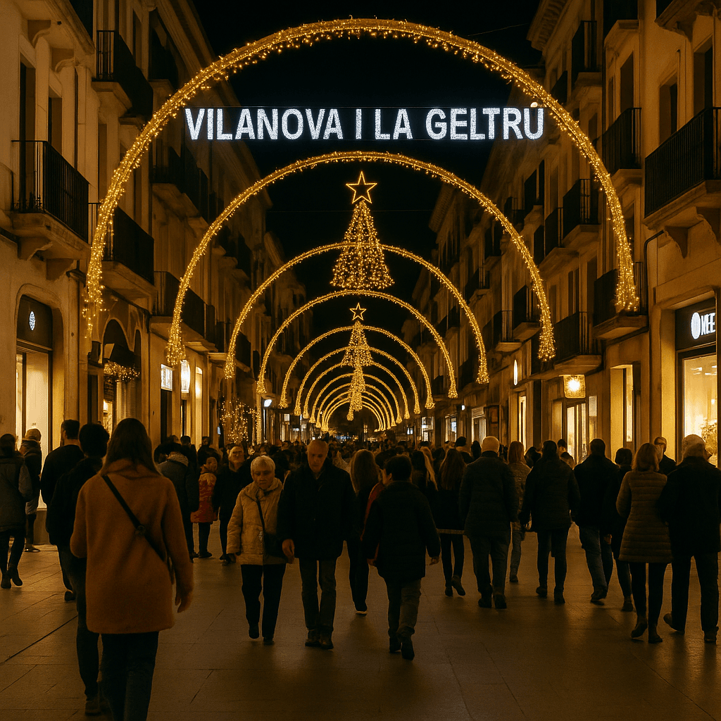 Puestos de un mercado navideño al aire libre en el Garraf, con decoración festiva y artesanía.