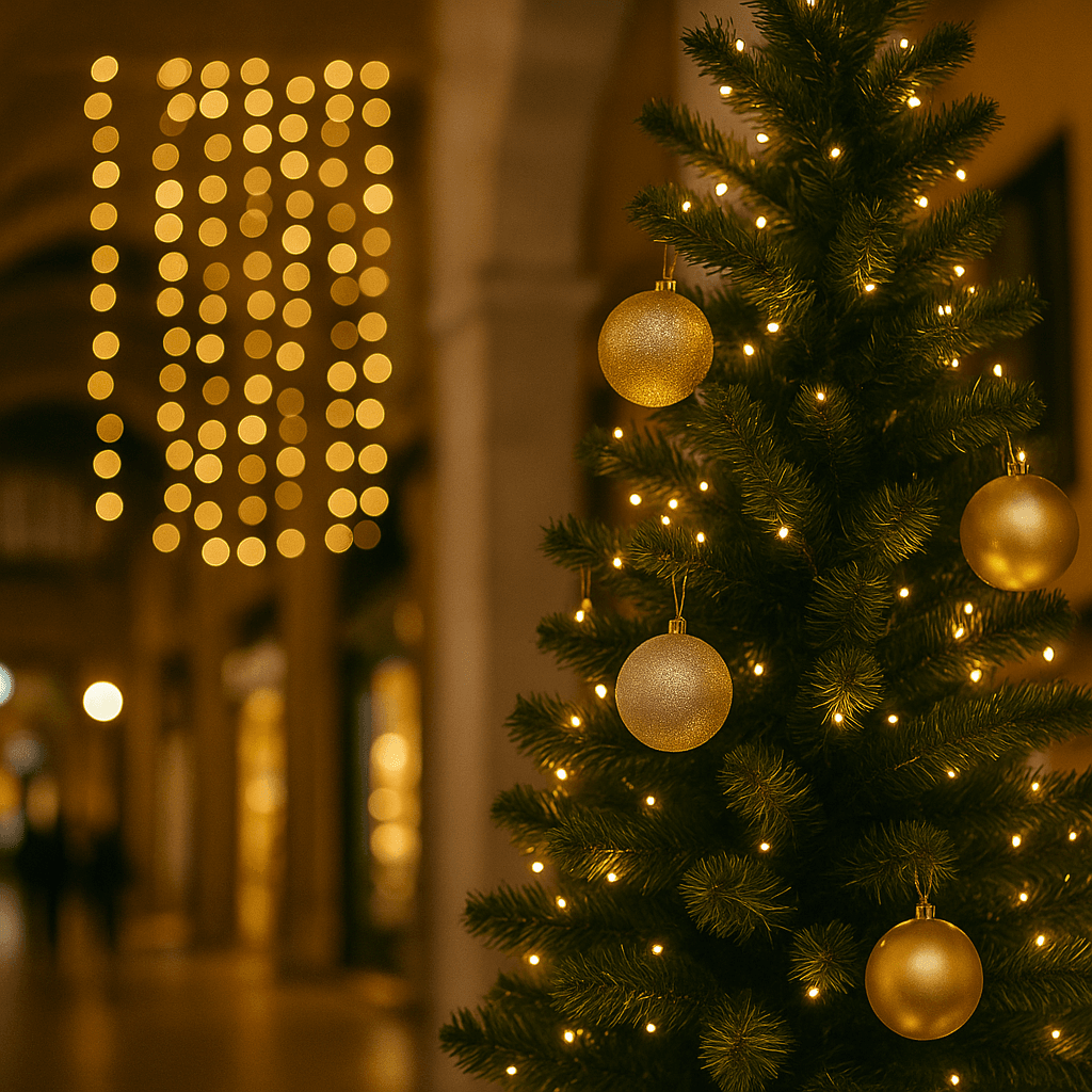 Comerciantes y vecinos paseando por una calle comercial iluminada durante la campaña de Navidad en Vilanova i la Geltrú.