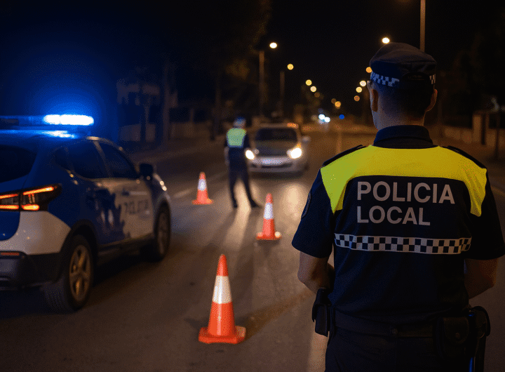 Agentes de la Policía Local de Cubelles realizando un control nocturno de alcohol y drogas en una carretera del municipio.