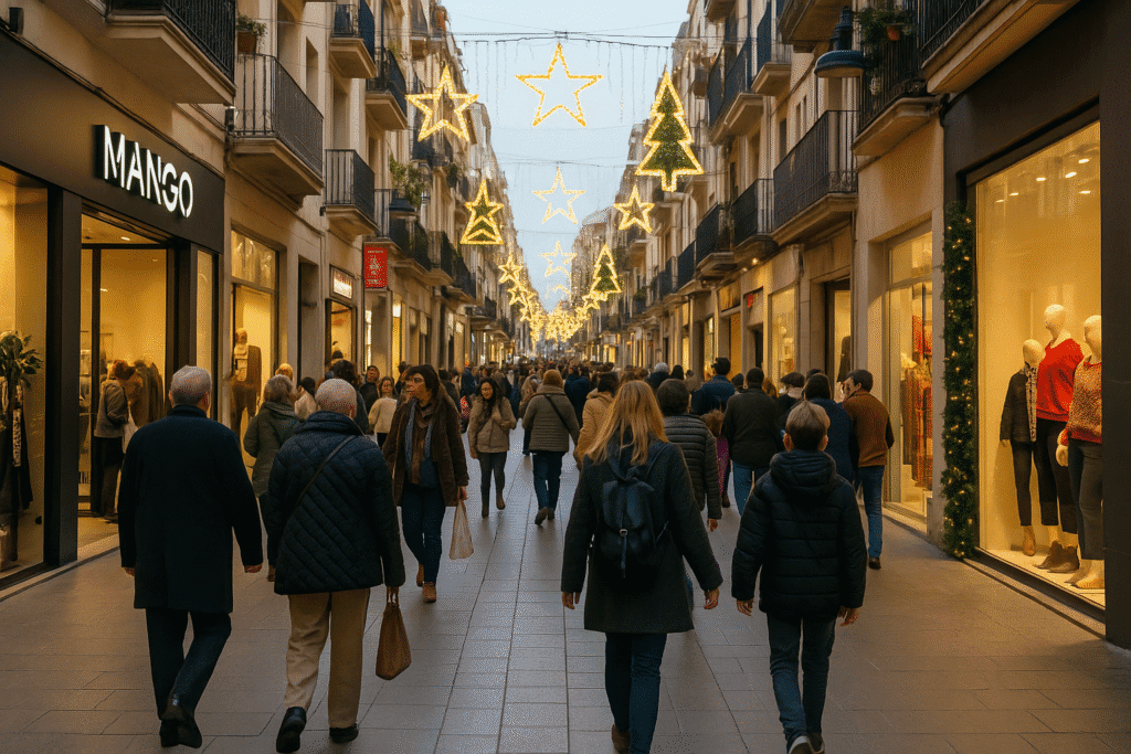 Puestos de un mercado navideño al aire libre en el Garraf, con decoración festiva y artesanía.