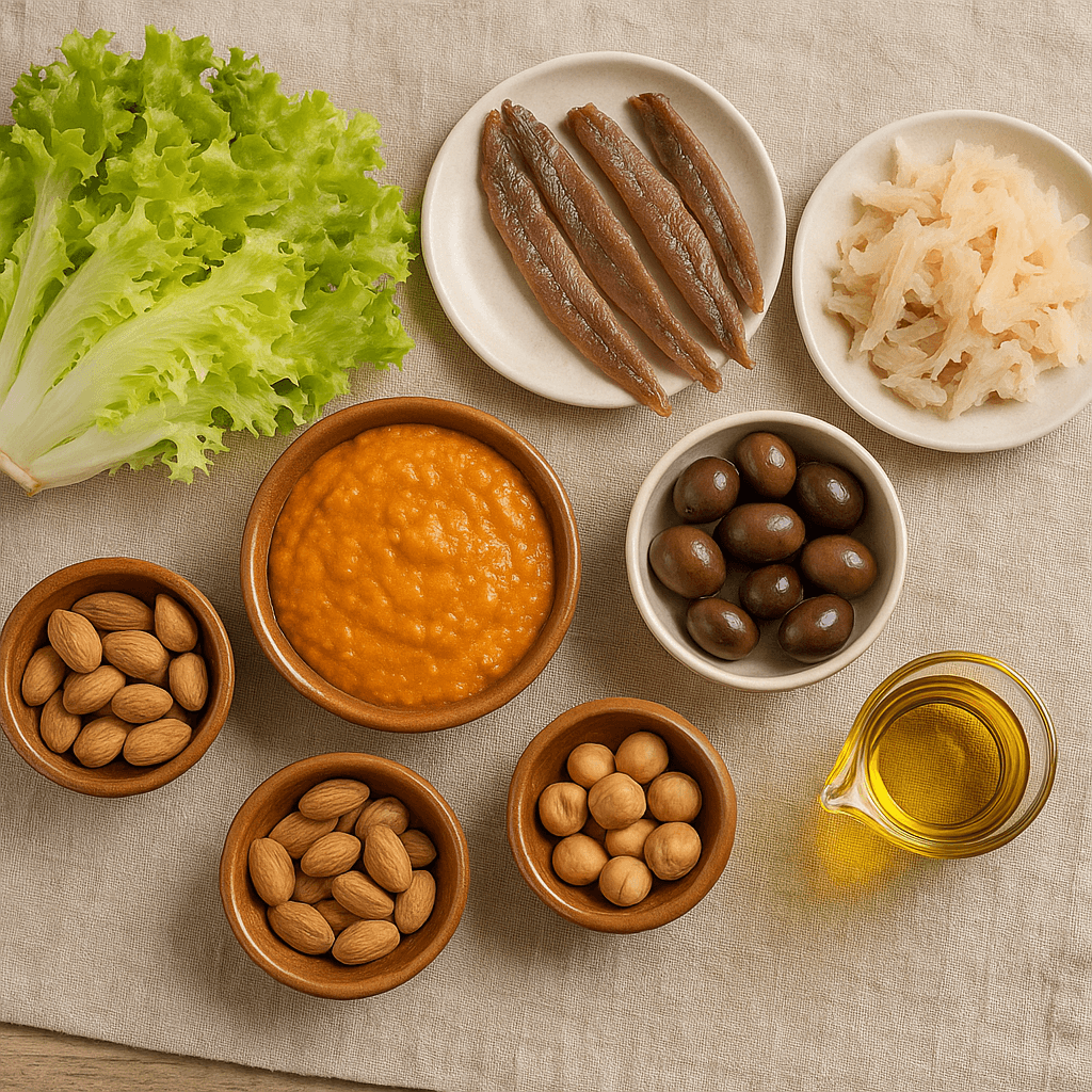 escarola fresca, salsa xatonera, bacalao desmigado, anchoas, aceitunas y garbanzos.