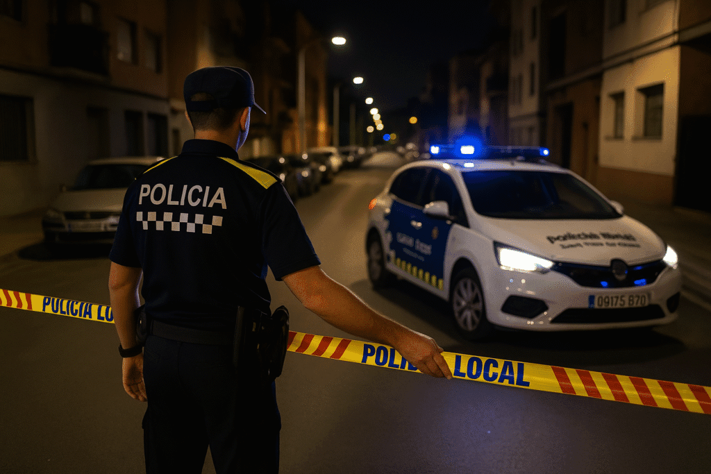 Agente de la Policía Local acordonando una calle de Sant Pere de Ribes durante una intervención nocturna.